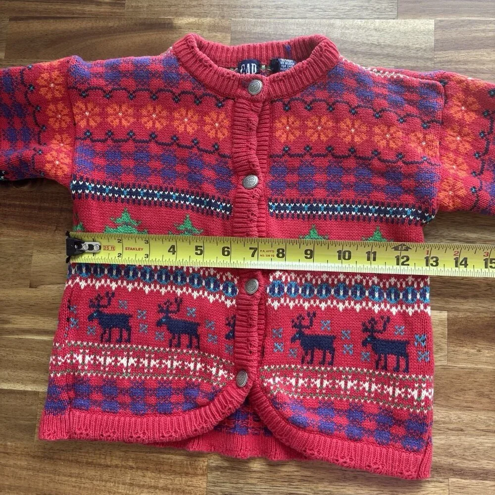 Vintage GAP Kids Fair Isle Cardigan Red Sweater XS Moose Tree Scandi 100% Cotton